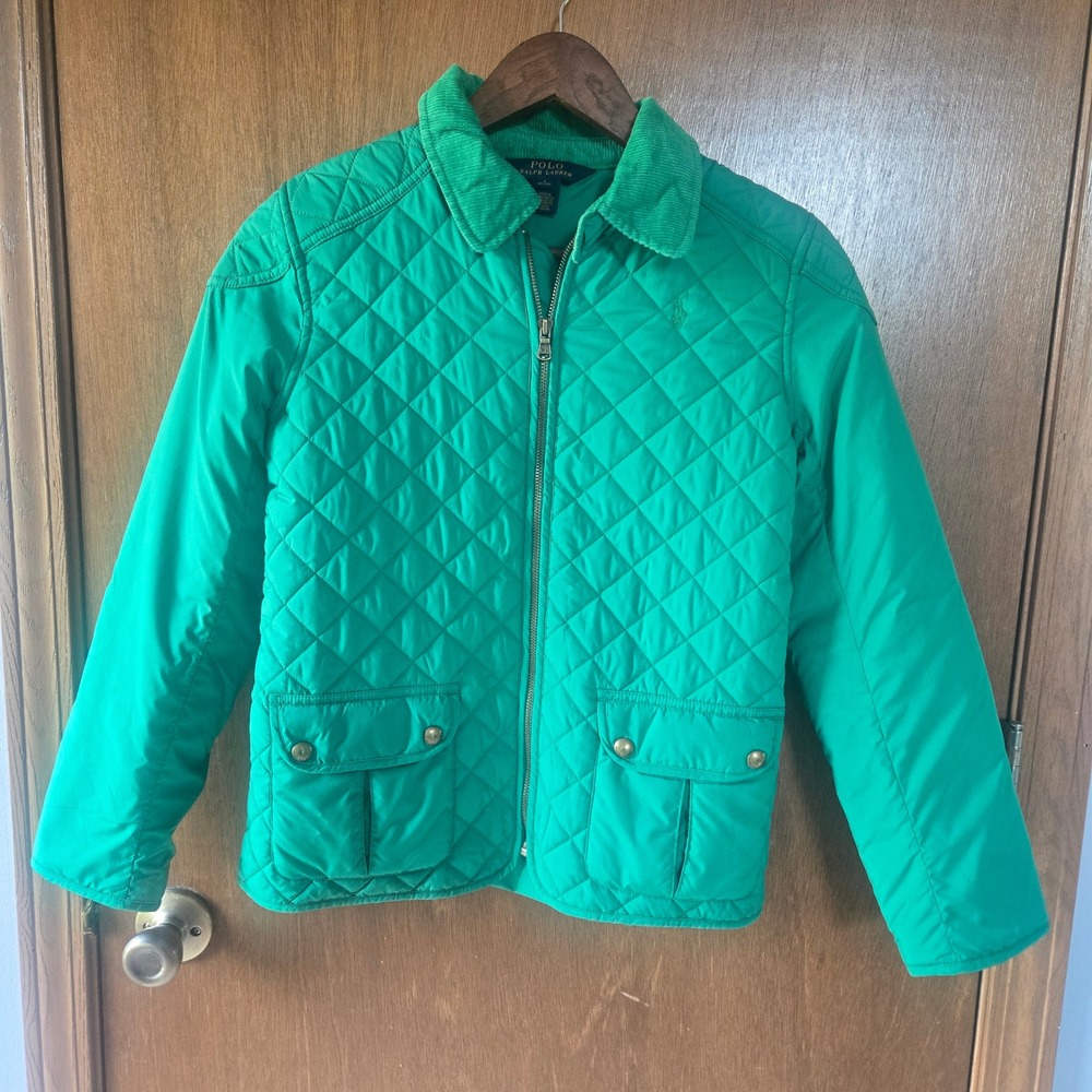 Polo Ralph Lauren Kids Green Quilted Barn Jacket Corduroy Collar Size L 12-14